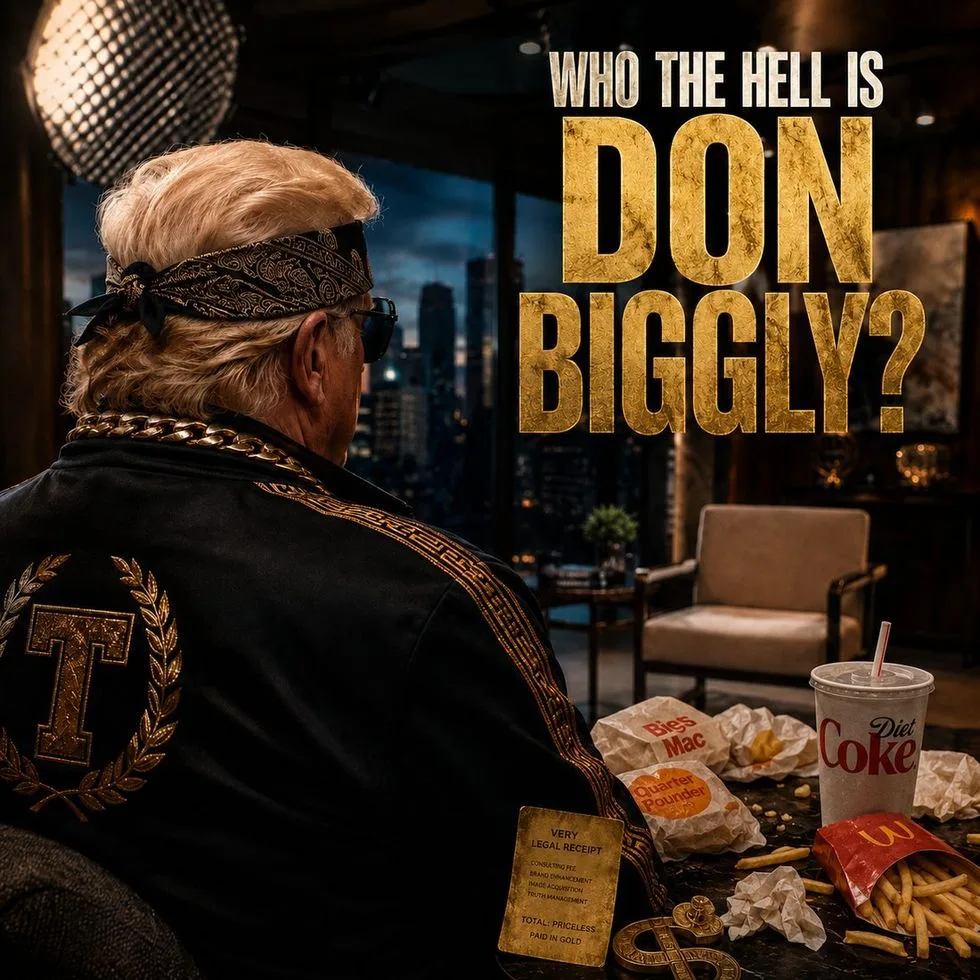 Official poster for Who the Hell Is Don Biggly? — the fictional host shown from behind in a gold chain and bandana, facing a talk-show set