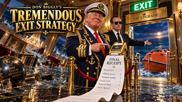 Don Biggly sells VIP exit upgrades aboard a sinking luxury yacht, with a lifeboat waiting and a long final receipt.